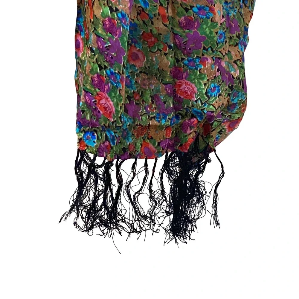 Vintage 100% Silk Floral Scarf Multicolor Botanical Print Fringe Trim Wrap 74x22